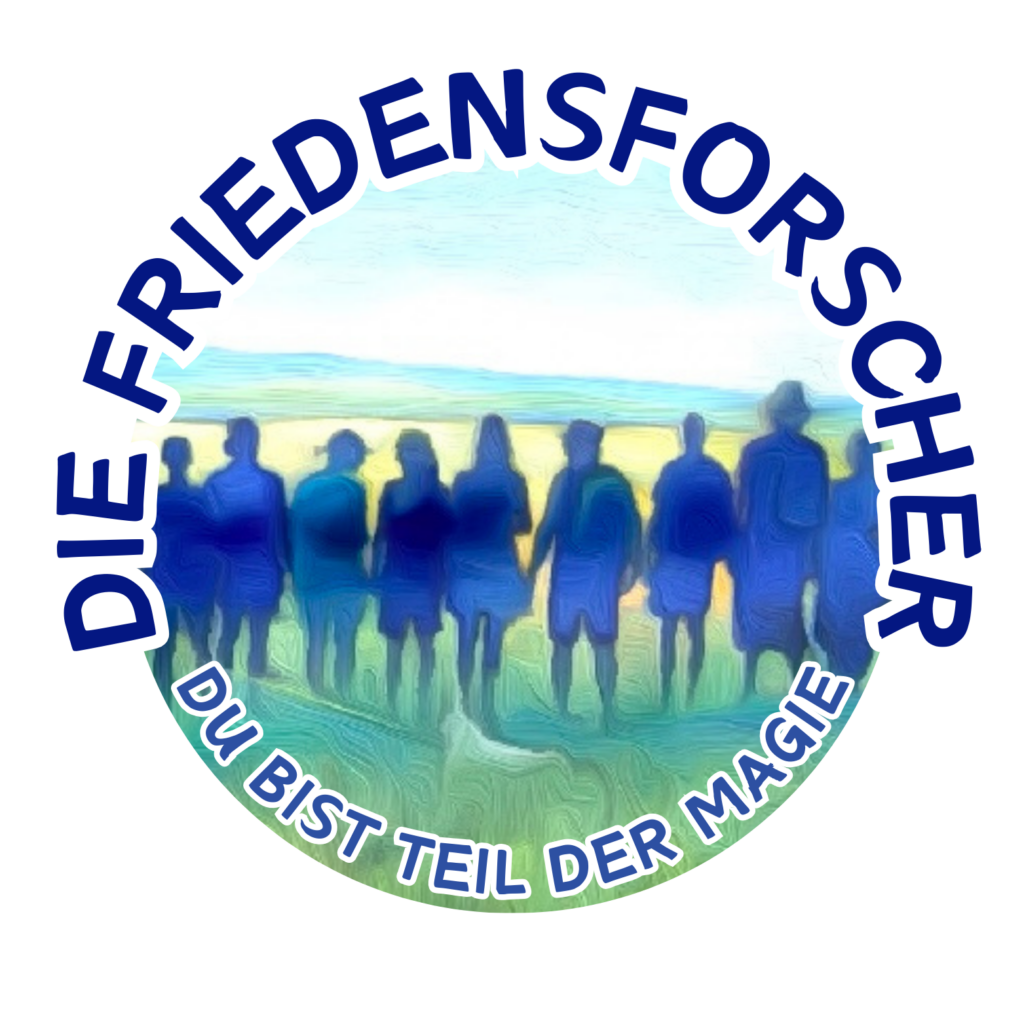 Kreisförmiges Logo des Vereins 'Die Friedensforscher' mit dem Namen als Schriftzug und dem Slogan 'Du bist Teil der Magie'. Im Kreisinneren ist ein digital bearbeitetes Foto im impressionistischen Stil auf dem Menschen auf einer grünen Wiese stehen und auf eine helle, weite Fläche blicken.